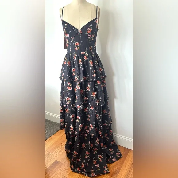 V. CHAPMAN Floral Black Tiered Catarina Maxi Dress Size 6 NWT - Picture 2 of 8